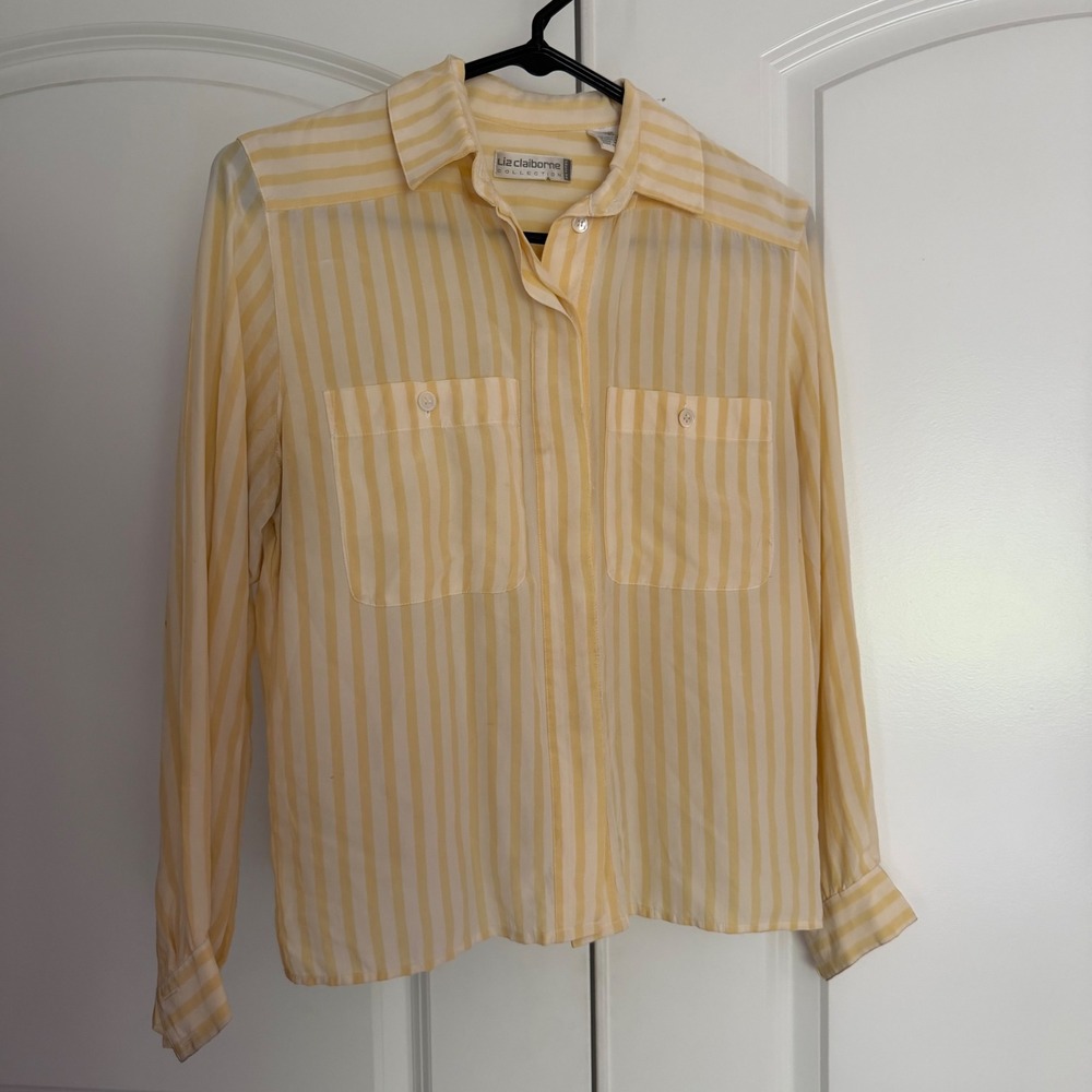 Liz Claiborne Vintage 100% Silk Striped Button Down Shirt Yellow Sz 2P